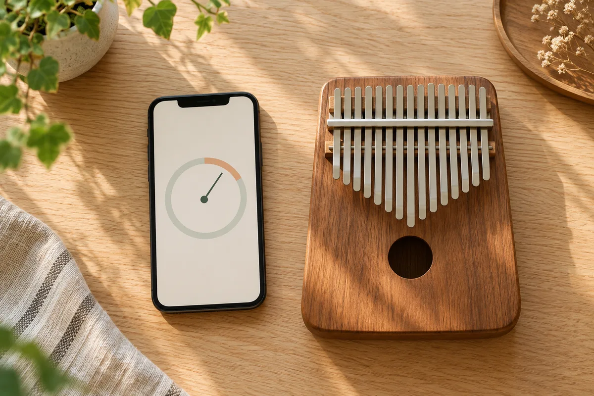 チューナーアプリを開いたスマホと17キーのカリンバ